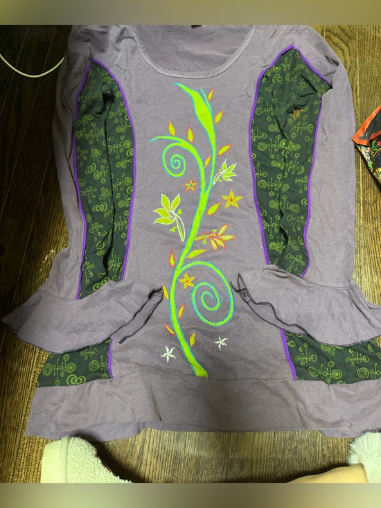 Tops - 100% cotton Boho Embroidered Floral Tunic with Neon Vine Detail